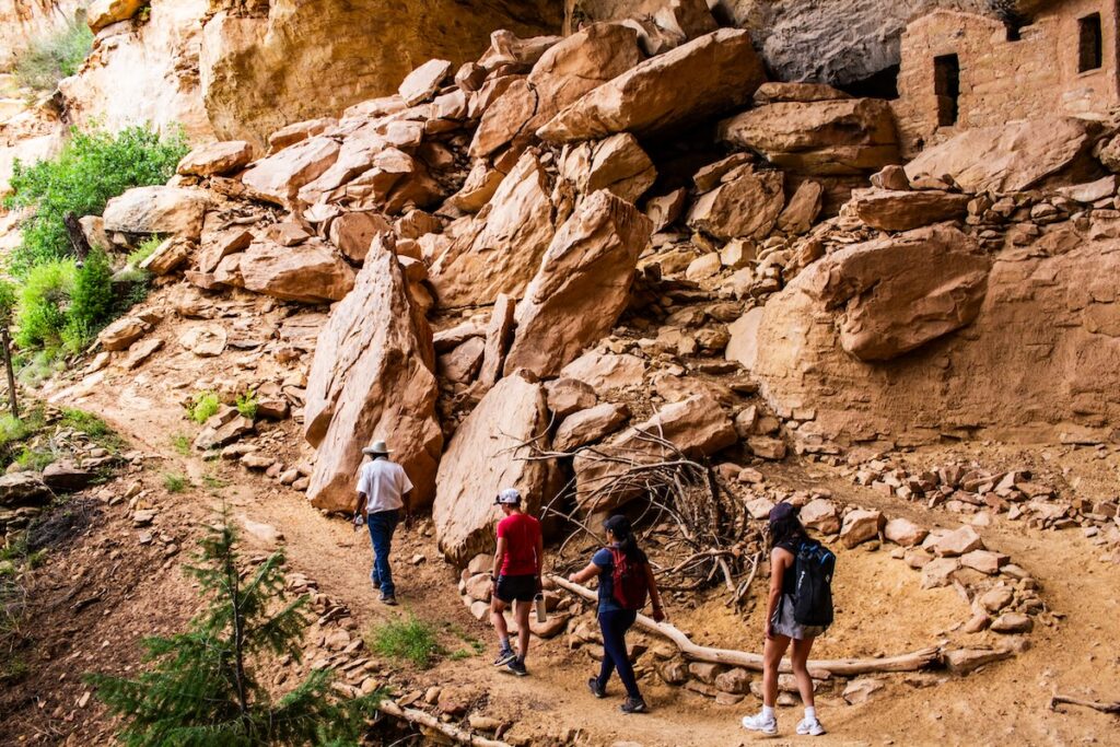 Tour guide and three guests on Ute Mountain Tribal Park full day tour.